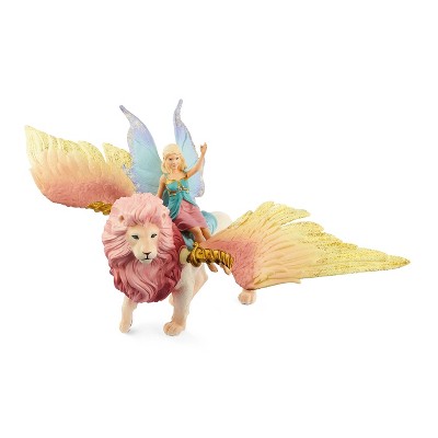 Fairy in Flight on Pink Winged Lion Figurine Set