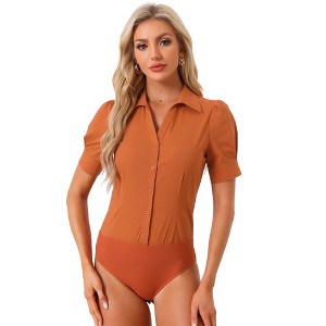 INSPIRE CHIC Women's Office Button Down One-Piece Short Sleeve Bodysuit Work Shirt - 1 of 4