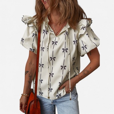 Amaryllis Women's Bow Print Ruffle Sleeve Blouse with Tie Neck Relaxed Fit Chic and Elegant Versatile Top