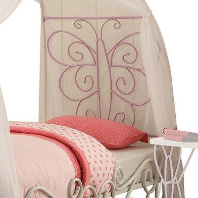 Priya II White and Light Purple Twin Canopy Bed with Butterfly Headboard