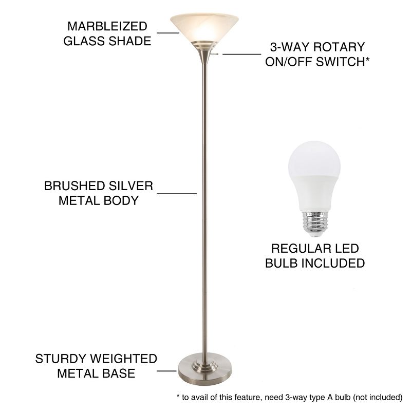 Hastings Home Torchiere Floor Lamp With Marbleized Glass Shade and LED Bulb - Brushed Silver, 4 of 7