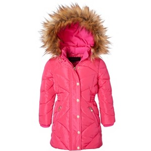 Sportoli Girls Fleece Lined Quilted Midlength Fur Trimmed Hood Winter Puffer Coats - 1 of 4