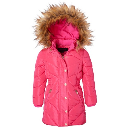 Sportoli Girls Fleece Lined Quilted Midlength Fur Trimmed Hood