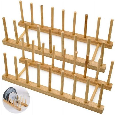 LunaLulinlk Set of 2 Bamboo Wooden Dish Rack, Plate Rack Stand Pot Lid Holder, Kitchen Cabinet Organizer for Bowl, Cup, Cutting Board and More