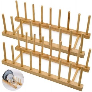 LunaLulinlk Set of 2 Bamboo Wooden Dish Rack, Plate Rack Stand Pot Lid Holder, Kitchen Cabinet Organizer for Bowl, Cup, Cutting Board and More - 1 of 4