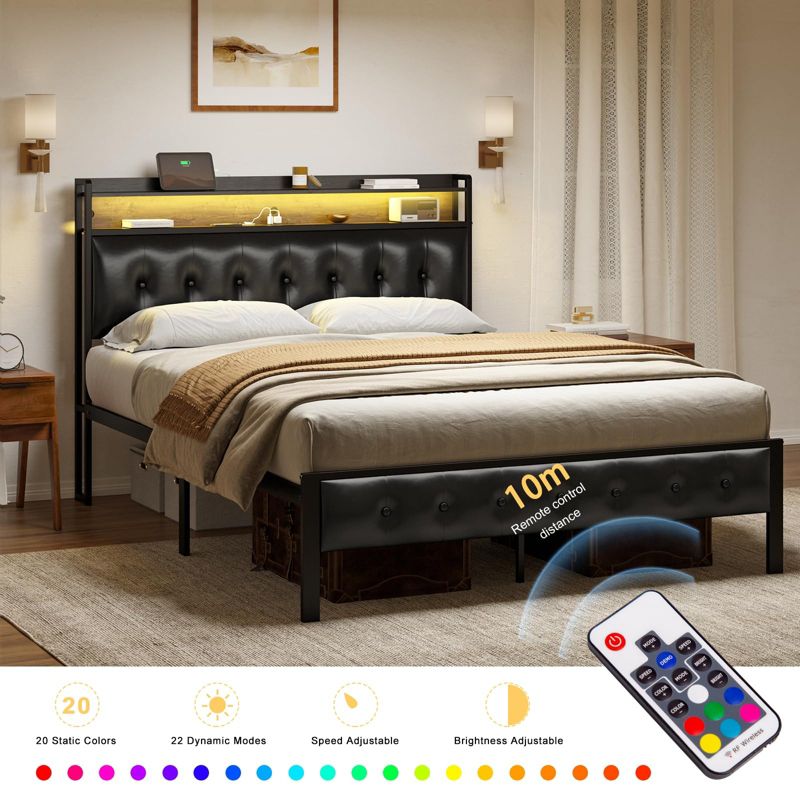 Hausource Bed Frame with Storage Headboard & Footboard Upholstered Platform Bed with LED Lights No Box Spring Needed, 3 of 8