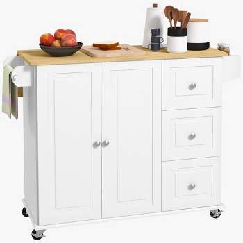 HOMCOM Kitchen Island with Drop Leaf, Rolling Kitchen Cart on Wheels with 3 Drawers, Cabinet, Natural Wood Top, Spice Rack and Towel Rack, White