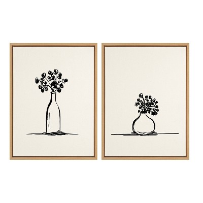 18" x 24" 2pc Sylvie Still Life Sketched Botanical Flower Vase Framed Wall Canvas Set Natural - Kate & Laurel All Things Decor