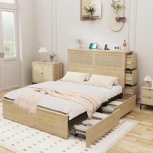 Brafabhome Rattan Queen Beds with Charging Station Headboard, Farmhouse Bed Frames With 10 Storage Drawers for Bedroom, No Box Spring Needed | Beige - 1 of 4
