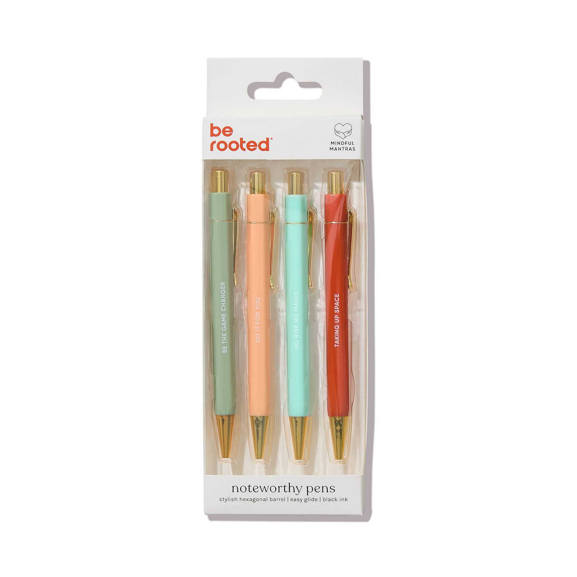 Be Rooted 4pk Ballpoint Pen Black Ink Hexagon Affirmation Sayings: Art Stationery, 1.0mm Point, Office Pens