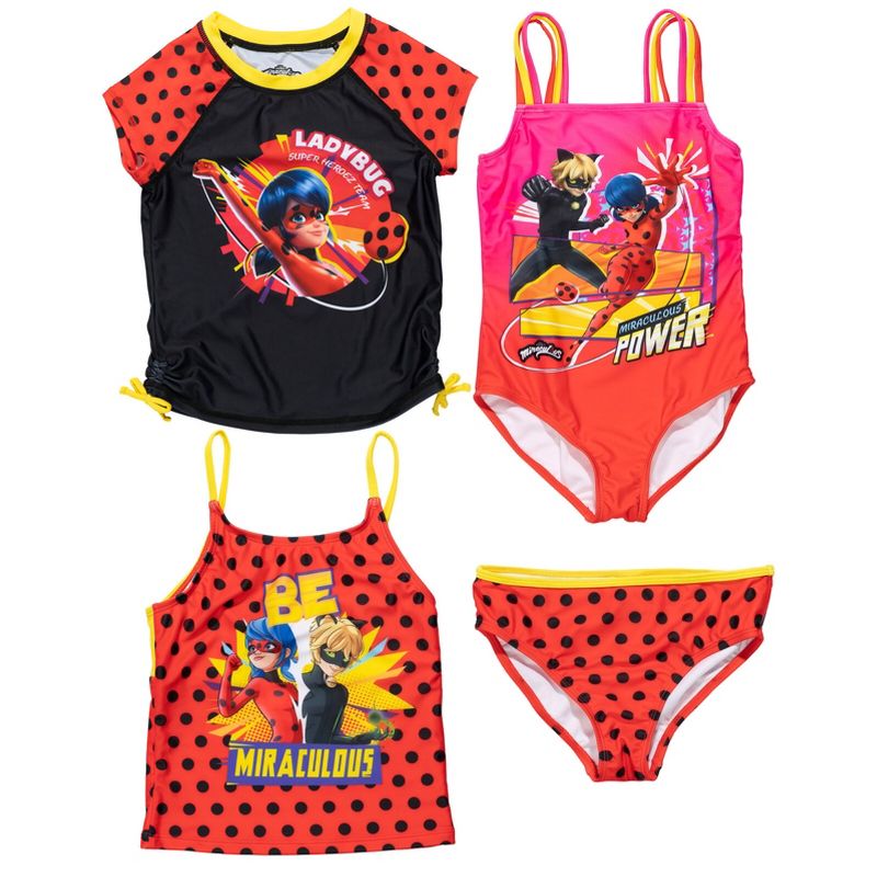 Miraculous Cat Noir Ladybug Girls One Piece Bathing Suit Rash Guard Tankini Top and Bikini Bottom 4 Swimsuit Set Little Kid to Big Kid, 1 of 10