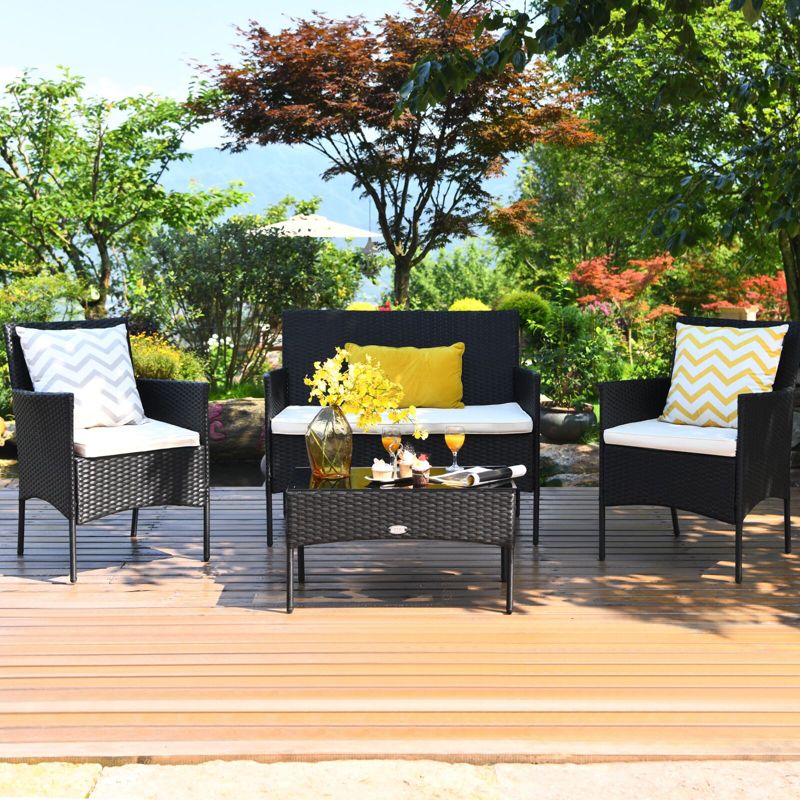 Costway 4PCS Rattan Patio Furniture Set Cushioned Sofa Chair Coffee Table, 1 of 9