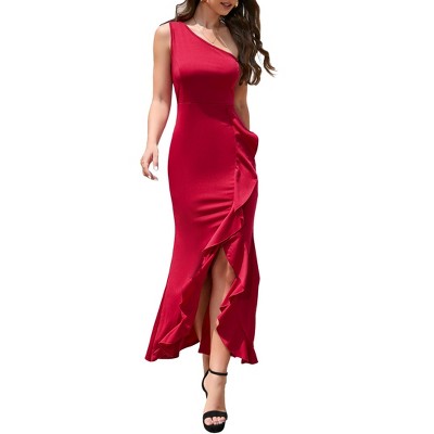 Coolmee Women's Summer Maxi Dress Elegant One Shoulder Ruched High Slit Asymmetric Ruffle Cocktail Party Long Dress