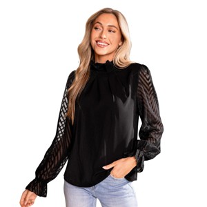 Women's Black Standing Collar Sheer Long Sleeve Blouse - Cupshe - 1 of 4