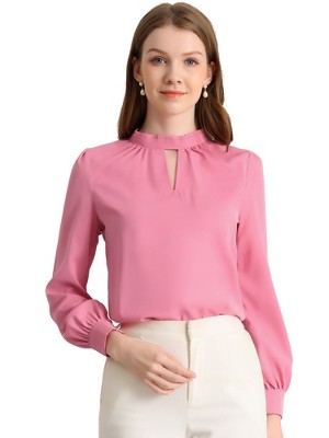 INSPIRE CHIC Women's Office Keyhole Elegant Stand Collar Long Sleeve Back Neck Button Blouse
