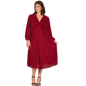 24seven Comfort Apparel Shimmer Pleated V Neck Empire Waist Bishop Sleeve Midi Dress - 1 of 4