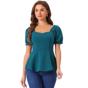Allegra K Women's Sweetheart Neck Puff Ruffle Sleeve Elegant Peplum Top - 1 of 4