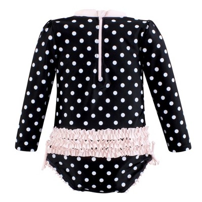 Condition photo showing New/Like New for hudson baby girls rashguard baby swimsuit, black dot pink, 18-24 months