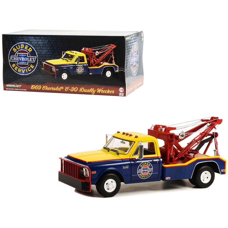 1969 Chevrolet C-30 Dually Wrecker Tow Truck "Chevrolet Super Service" Yellow and Blue 1/18 Diecast Car Model by Greenlight, 1 of 4
