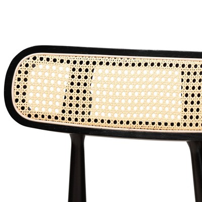 Cream and Black Woven Rattan Wood Counter Stools, Set of 2