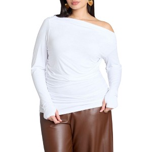 ELOQUII Women's Plus Size One Shoulder Tee With Ruching - 1 of 4
