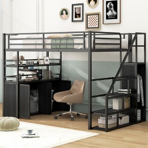 Full Size Metal Loft Bed with Storage Staircase and Wardrobe - 1 of 4