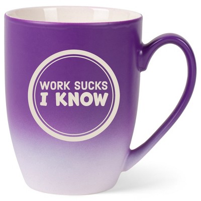 100 North Purple and White Two Toned Ombre, 10 Ounce, Comfortably Fits Your Hands, Ceramic Tea Coffee Cup Mug, Work Sucks I Know