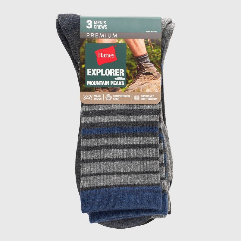 Hanes Premium Men&#39;s Mini Striped Peaks Explorer Crew Socks 3pk - Gray 6-12, 3 of 5