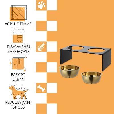 Keaton 7.5" Black and Gold Modern Elevated Pet Feeder with Stainless Steel Bowls