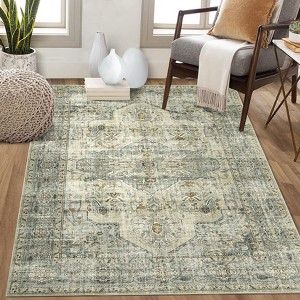 Machine Washable Faux Wool Vintage Floral Printed Area Rug Ultra Thin Low Pile Non Slip Non Shedding Indoor Carpet - 1 of 4