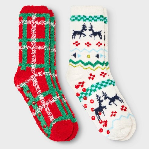 Kids' 2pk Plaid & Fairisle Cozy Crew Socks - Cat & Jack™ Cream Xs