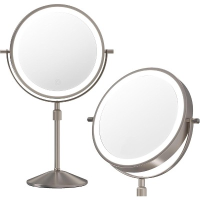 Makeup Mirrors with Lights, Double-Sided Vanity Mirror 1X/10X Magnification, 3 Color Lighting & Brightness Adjustable, 360° Rotation Touch Control