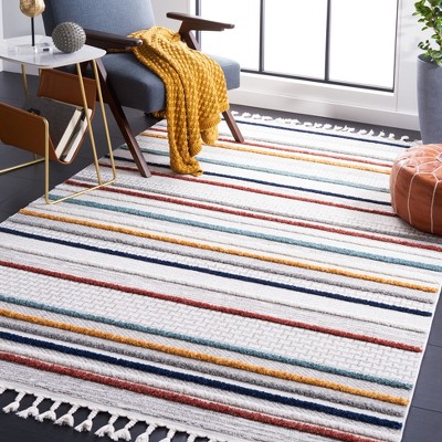 Ivory and Multi Stripe Wool Synthetic Area Rug 5'3" x 7'6"