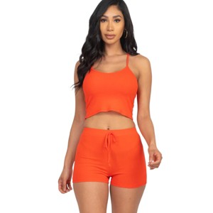 Slickblue Women's Ribbed Crop Cami Top & Shorts Set, Stretchy Lounge Outfit, Cloud/Orange, Size S-L - 1 of 4