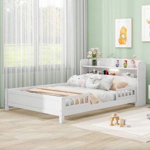 Kumasinova Montessori Floor Bed with Headboard & Guardrails,Solid Pine Wood Slatted Kids Low Profile Bed,LED Lights Included,350lbs Max - 1 of 4