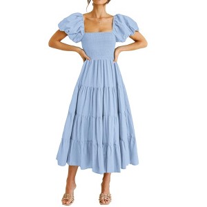 Summer Maxi Dress for Women Ruffle Short Sleeve Square Neck Smocked Tiered Multi Layered Scalloped Hem Casual Dresses - 1 of 4