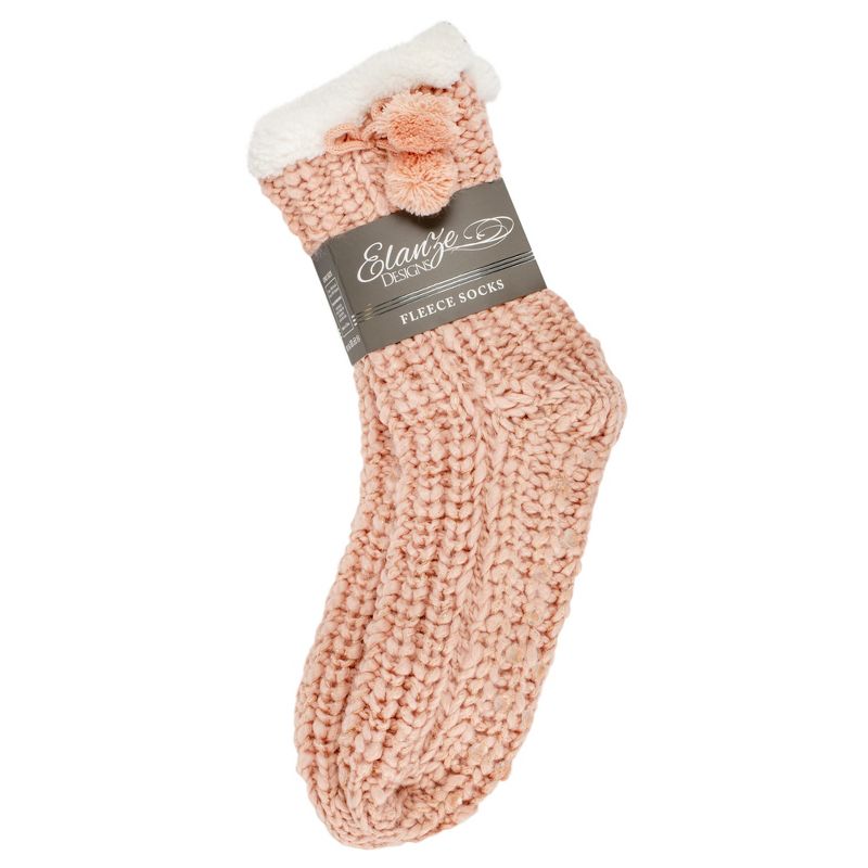 Elanze Designs Dust Pink Gold Glitter Knit Pom Pom Womens One Size Plush Lined Non Skid Indoor Slipper Socks, 3 of 7