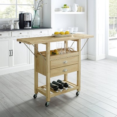 Bristol Natural Wood Drop-Leaf Kitchen Cart with Storage