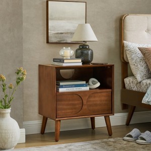 BEAFUP Mid Century Fluted Nightstand with Charging Station USB Ports & Outlet Hole & 4 Wood Legs, Farmhouse Table with Open Space and Drawer, Walnut - 1 of 4