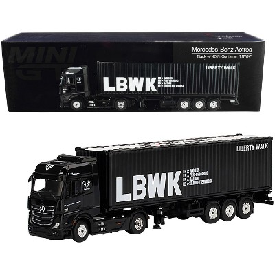 Mercedes Benz Actros RHD with Trailer and 40' Container "LBWK Liberty Walk" Black 1/64 Diecast Model by True Scale Miniatures