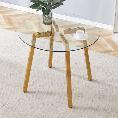 CENGHU Round Glass Dining Table, Modern Luxurious Round Tempered Glass Dining Table with Gold 7-Shaped Metal Legs for Home, Kitchen, Dining Room