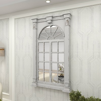 Cream Wood Windowpane Arched Wall Mirror with Distressed Finish