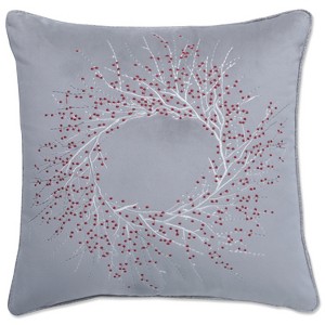 17"x17" Velvet Christmas Wreath Square Throw Pillow Gray - Pillow Perfect - 1 of 4