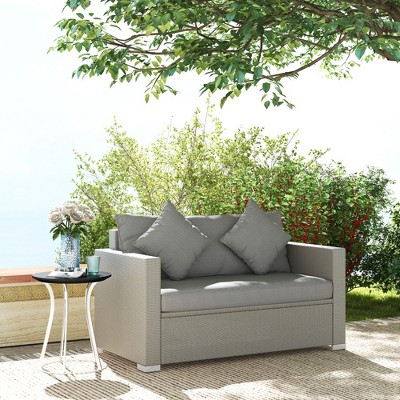 Gray Wicker Outdoor Loveseat with Cushions and Throw Pillows