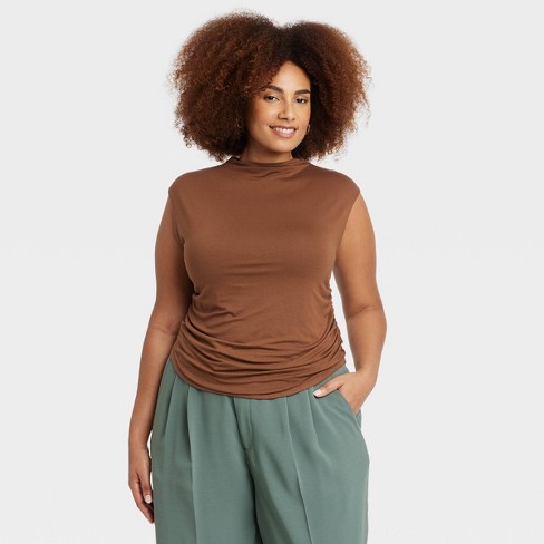 Women's Short Sleeve Side Ruched T-shirt - A New Day™ Brown 3x