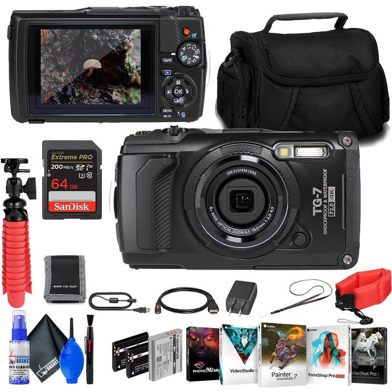OM SYSTEM Tough TG-7 Camera - 2 Batteries + Float Strap + 64GB Card + Software + More, 1 of 5