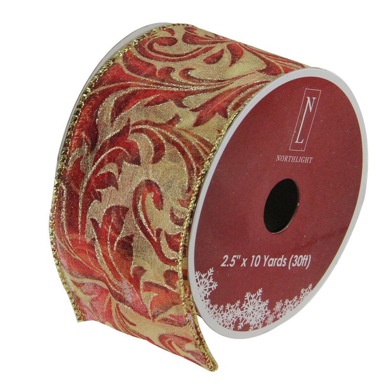 Northlight Burgundy Red Scroll Print Gold Wired Mesh Christmas Craft Ribbon 2.5" x 10 Yards, 1 of 4