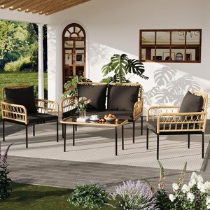 4-Piece Wicker Patio Set – Rattan Bistro Set with Waterproof Cushions, Loveseat, 2 Armchairs & Glass Table - 1 of 4