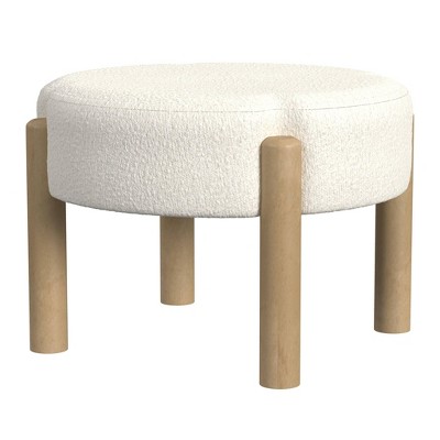 Nordic Off-White Boucle Round Ottoman with Wooden Legs
