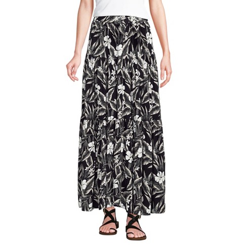 Lands End Women s Tiered Rayon Maxi Skirt Medium Black white Floral Palm Target